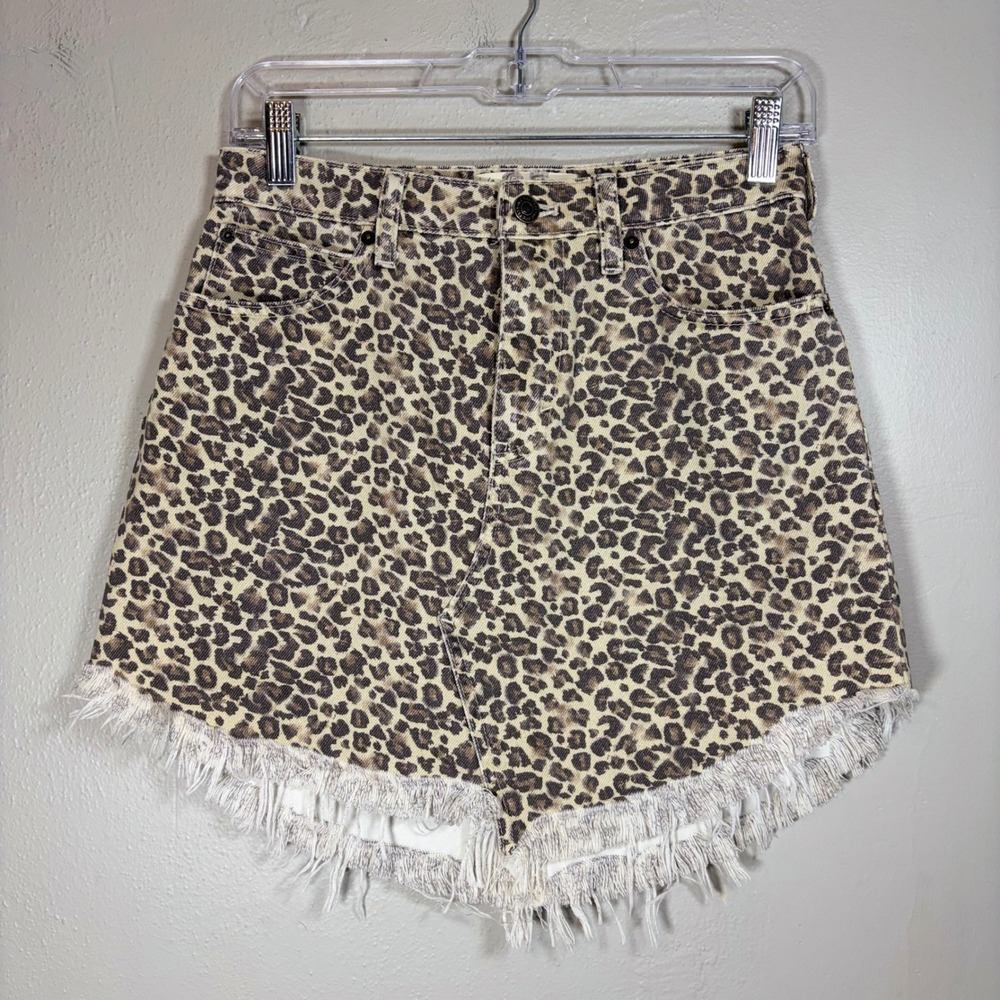 We The‎ Free People Leopard Print Denim Mini Skirt Frayed Hem 25 Animal Print